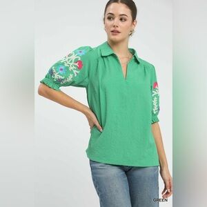 Umgee Seersucker Embroidered Sleeve Blouse